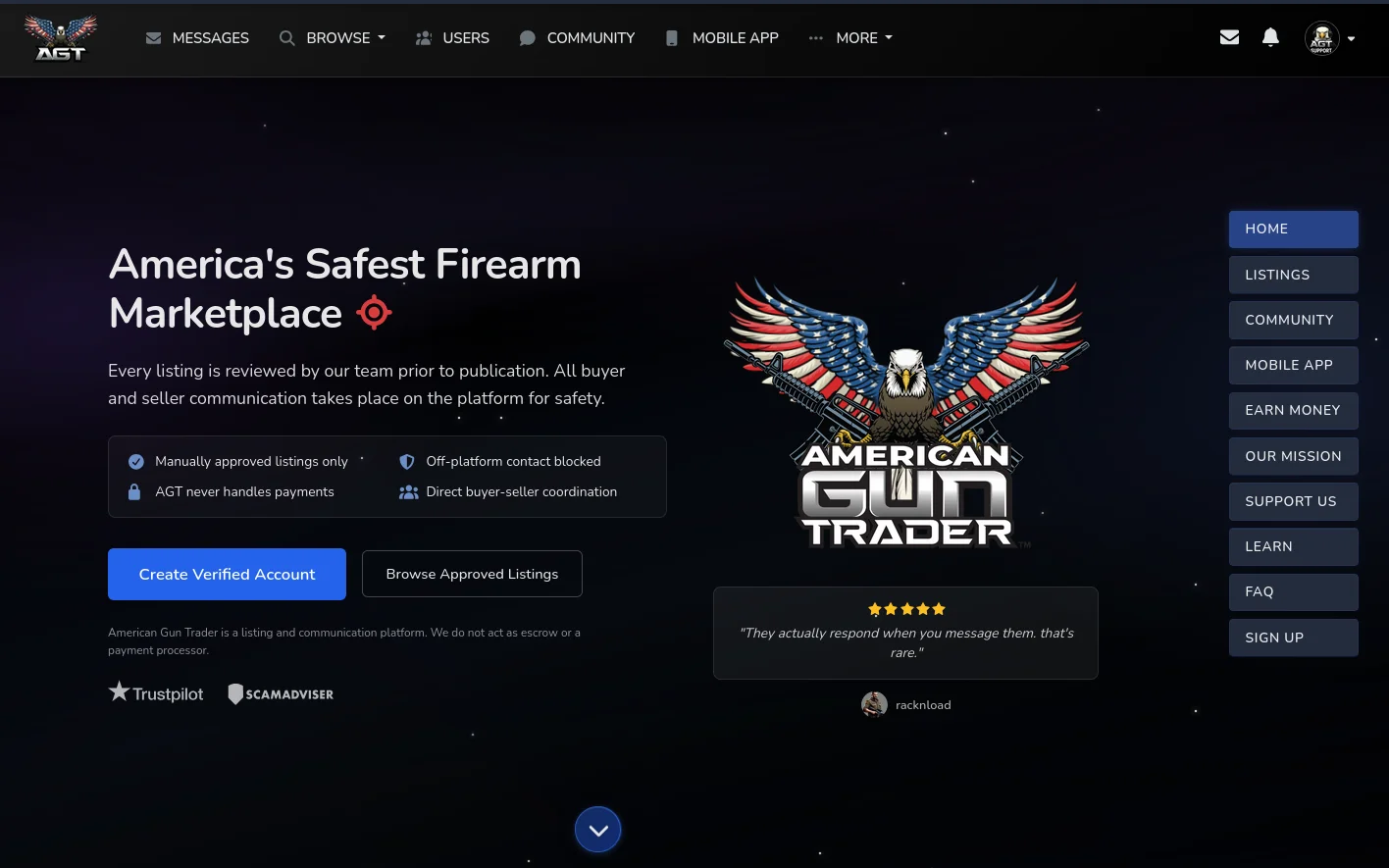 Screenshot of American Gun Trader website
